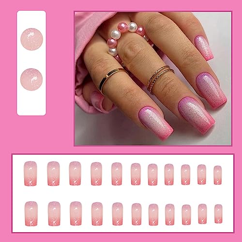 24 Pc Medium Square Purple Pink Ombre French Glitter Press On Nails - Image 2
