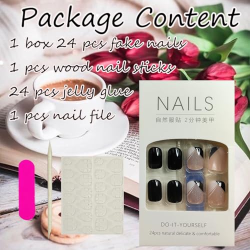 24Pcs Black Short Press on Nails Square Fake Nails Black Leaves Silver Glitter Design Glue on Nails French Color Matching Full Cover False Nails Glossy Coffin Artificial Stick on Nails for Women Girls - Image 6