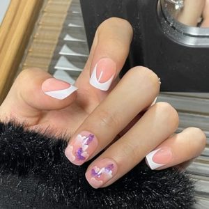 Morily 24 Piece Short French Tip Press on Nails Purple Butterfly White Cloud Design