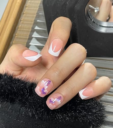 Morily 24 Piece Short French Tip Press on Nails Purple Butterfly White Cloud Design