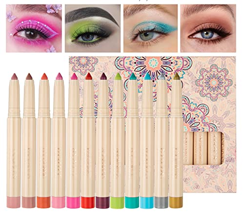 MAEPEOR Cream Eyeshadow Stick Set 12 Colors Highly Pigmented Matte Shimmer Eye Shadow Waterproof and Long Lasting Eyeshadow Stick Eye Liner Pen With Built-in Sharpener (12 Colors, Set A)