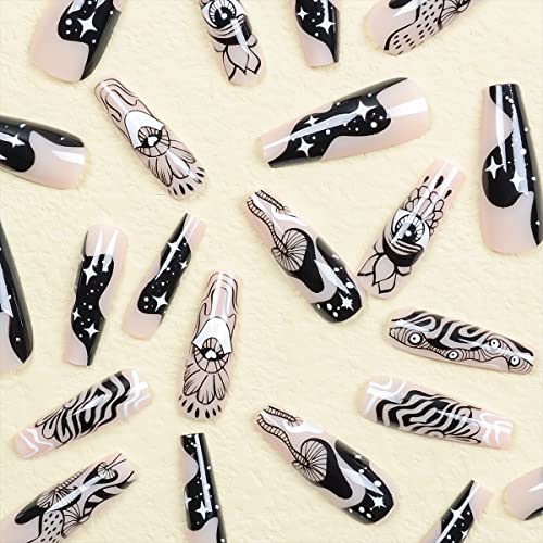 Square Press on Nails Long Acrylic Fake Nails with Black Eyes and Swirls Designs False Nails Abstract Glue on Nails Cute Artificial Nails for Girls Women 24Pcs - Image 3