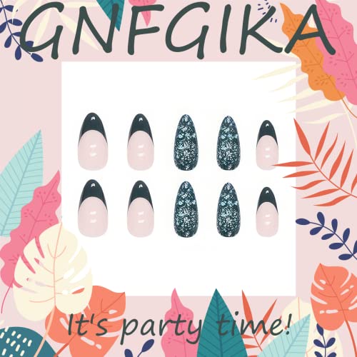 24 Piece Medium Almond Blue Glossy French Tip Press On Nails Glitter Design - Image 2