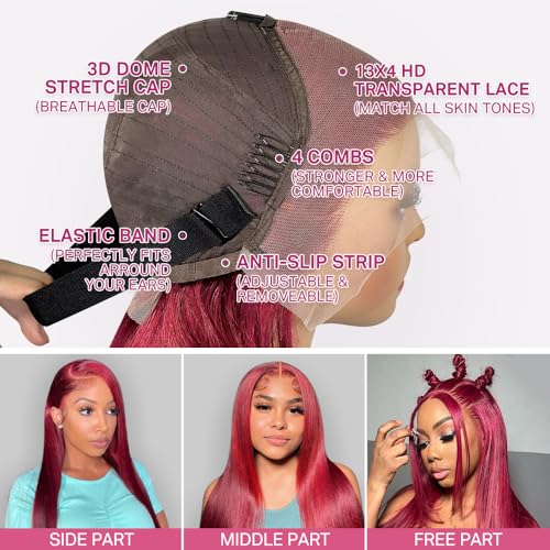 13x4 99j Burgundy Lace Front Wigs Human Hair Straight Lace Front Wigs with Pre-Plucked Natural Hairline 180% Density Glueless HD Transparent Lace Burgundy Lace Frontal Wigs for Women (16 inch) - Image 4