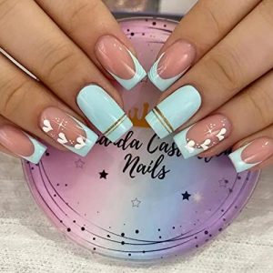 Nude Pink Press on Nails Medium Square - Blue French Fake Nails with Heart Stars Design False Nails Tips Full Cover Stick on Nails Acrylic Artificial Press ons Nail Kit Art for Women 24Pcs/Set