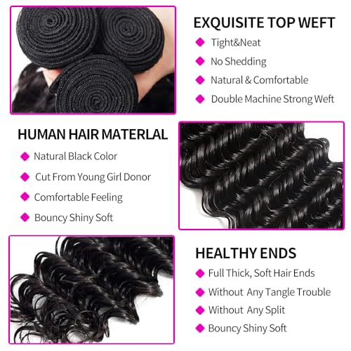 Brazilian Deep Wave Human Hair 3 Bundles 10 12 14Inch Deep Curly Weave Bundles 100% Unprocessed Virgin Human Hair Wet and Wavy Deep Wave Hair Bundles Weft Extensions Natural Black - Image 3