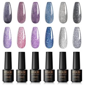 ROSALIND Glitter Gel Nail Polish Set, 6 PCS Reflective Glitter Gel Polish Soak off Glitter Gel Pink Sliver Nail Polish Gel Sparkle Blue Purple Glitter Gel Manicure for Women