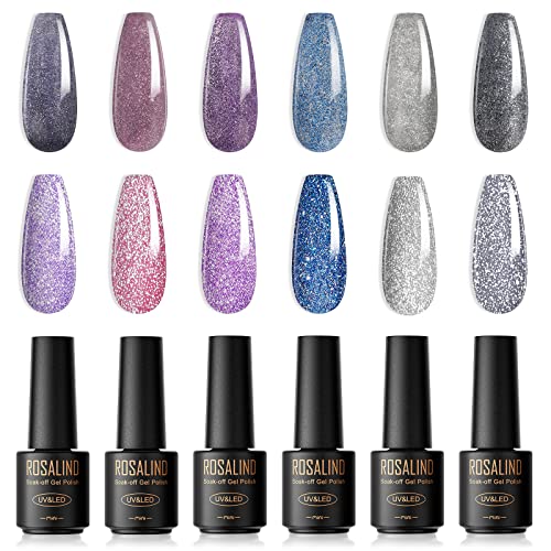 ROSALIND Glitter Gel Nail Polish Set, 6 PCS Reflective Glitter Gel Polish Soak off Glitter Gel Pink Sliver Nail Polish Gel Sparkle Blue Purple Glitter Gel Manicure for Women
