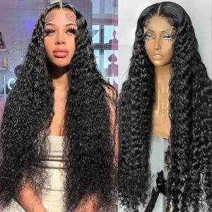 4x1 Deep Wave Lace Front Wigs Human Hair 22 Inch 180% Density HD Lace Natural Black Wigs for Women Deep Wave Frontal Wigs Human Hair Pre Plucked with Baby Hair Glueless Lace Front Wig Human Hair