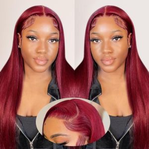 13x4 99j Burgundy Lace Front Wigs Human Hair Straight Lace Front Wigs with Pre-Plucked Natural Hairline 180% Density Glueless HD Transparent Lace Burgundy Lace Frontal Wigs for Women (16 inch)
