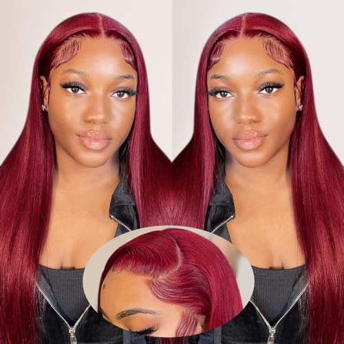 13x4 99j Burgundy Lace Front Wigs Human Hair Straight Lace Front Wigs with Pre-Plucked Natural Hairline 180% Density Glueless HD Transparent Lace Burgundy Lace Frontal Wigs for Women (16 inch)