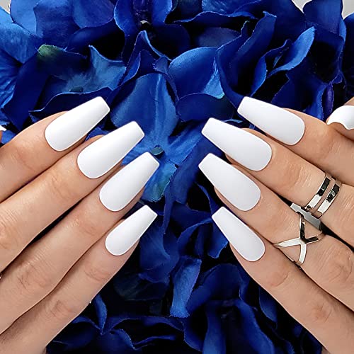 Hypnaughty 24 Pcs Santorini White Matte Luxury Coffin Press on Nails with Glue Medium Long Reusable & Customizable False Nails (Santorini)