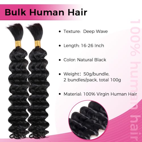 Human Braiding Hair Deep Wave Bulk Human Hair for Braiding 100% Virgin Hair Bulk 100g 2 Bundles/Pack No Weft Human Hair Extensions For Boho Braids Knotless Braid Box Braid Natural Black 18 Inch - Image 2