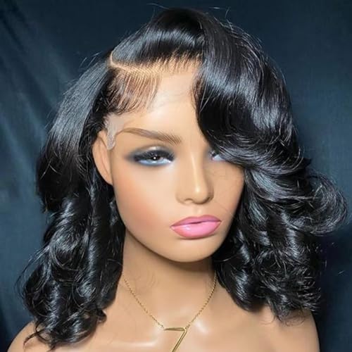 Short Bob Wig Body Wave 13x6 HD Transparent Lace Frontal Human Hair Wig For Women Pre Plucked With Baby Hair Side Part Brazilian Remy Hair Short Wigs Bleached Knots Natural Color 150% Density 16Inch