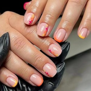 Press on Nails Short Square Fake Nails with Floral Designs Summer Stick on Nails Flower Glue on Nails Glossy False Nails for Women DIY Manicure 24pcs Artificial Nails