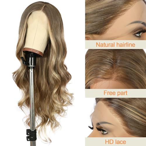 SAPPHIREWIGS Brown Lace Front Wigs Long Body Wave Pre-plucked Hairline Brown Wig with Ash Blonde Tips Synthetic Wigs for Women Heat Resistant Fiber Hair Daily Party Use 26inch - Image 3