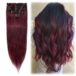 Benehair Clip in Hair Extensions Real Human Hair 8pcs 16inch Remy Human Hair Extensions Straight Natural Hair Extensions Wine Red