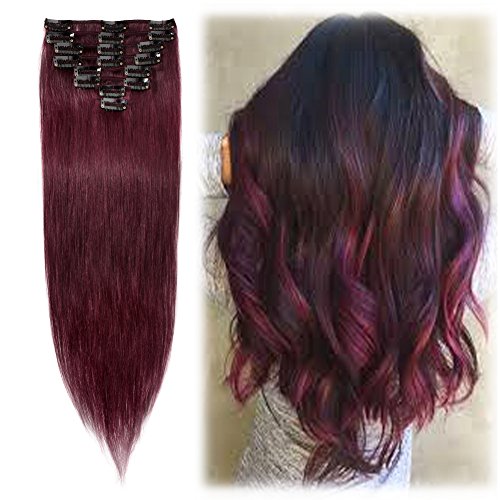 Benehair Clip in Hair Extensions Real Human Hair 8pcs 16inch Remy Human Hair Extensions Straight Natural Hair Extensions Wine Red