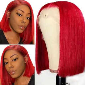 Red Bob Wig Human Hair Lace Front Wigs 13x4 HD Lace Front Wigs Human Hair Pre Plucked Glueless Bob Wigs 12 Inch Middle Part Brazilian Virgin Human Hair Lace Frontal Wigs 180% Density Bleached Knots