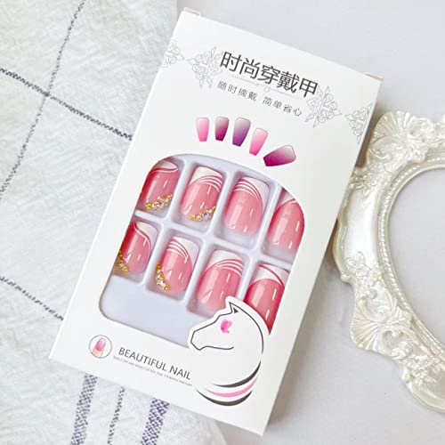 French Tip Press on Nails Short Square Fake Nails White Tips Pink Glue on Nails with Rhinestones Designs Short French Acrylic Nails Square Shape Stick on Nails for Women Manicure Decorations, 24pcs - Image 7