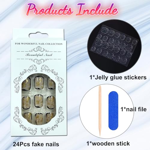 French Short Press on Nails Square JUKUPOA Acrylic Fake Nails Kit Nude False Nails with Gold Glitter Designs Full Cover Glossy Glue on Nails Stick on Nails for Women Girls 24Pcs - Image 6