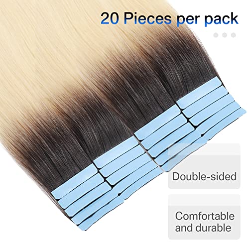 Tape in Hair Extensions Human Hair Ombre Dark Brown Roots to Platinum Blonde, 14 Inch 40 Gram Real Remy Seamless Straight, 2/60 - Image 3