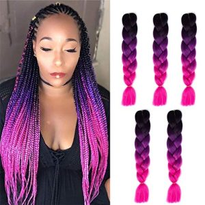 Kanekalon Ombre Braiding hair synthetic Crochet braids twist 24inch 5pcs/lot 100g Ombre two three tone Jumbo braid hair extensions Dreadlocks (black-purple-rose)