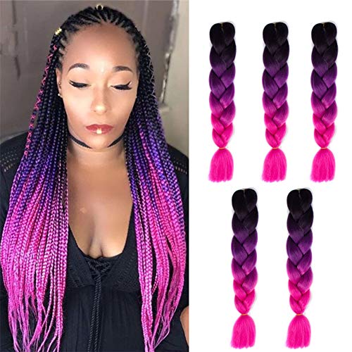 Kanekalon Ombre Braiding hair synthetic Crochet braids twist 24inch 5pcs/lot 100g Ombre two three tone Jumbo braid hair extensions Dreadlocks (black-purple-rose)