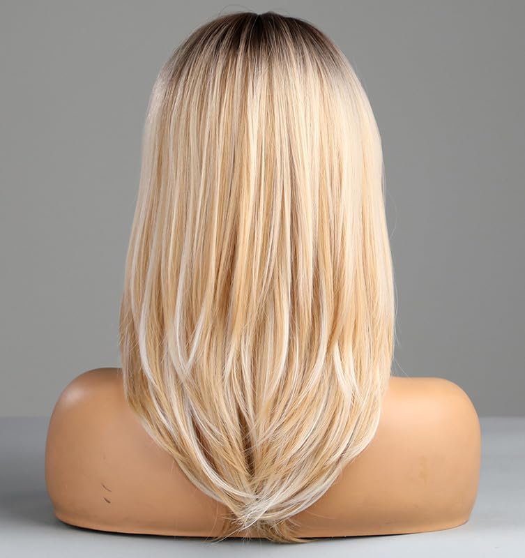 Honey Blonde Wigs with Bangs, Ombre Brown to Blonde Synthetic Hair Wig, Middle Part Shoulder Length Part Natural Straight Wigs for Women, VEDAR-163 - Image 5