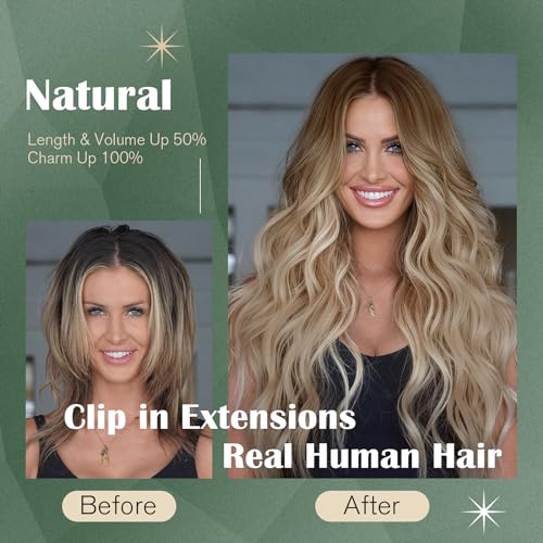Ugeat 18 Inch Ombre Clip-In Human Hair Extensions Dark Brown to Ash Blonde Balayage 7pc Set 120g - Image 5