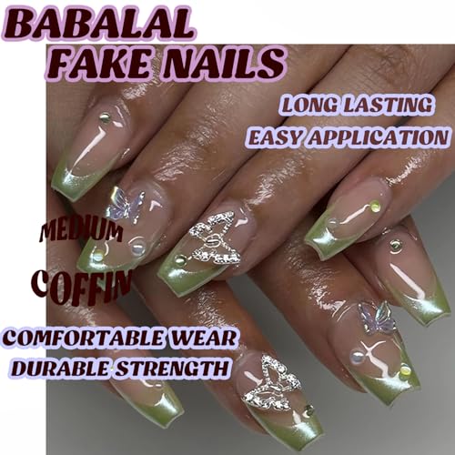 BABALAL Coffin Press on Nails Medium Fake Nails Green Chrome French Tip Glue on Nails St Patrick's Day Acrylic Nails 24Pcs 3D Butterfly Rhinestone Ballerina Artificial False Nails for Women and Girls - Image 5