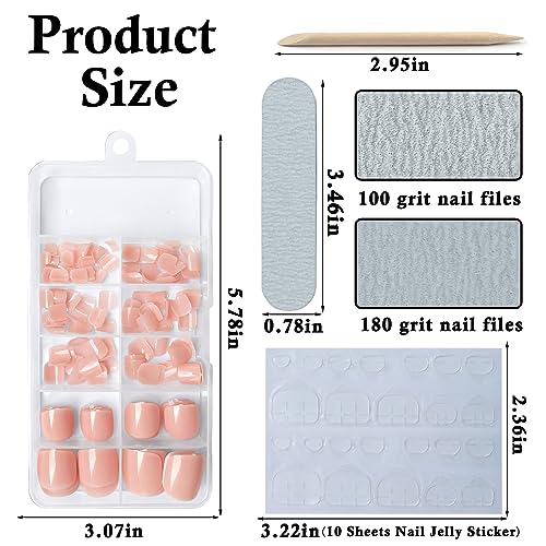 LuckForever Short Press on Toenails 240pc Glossy Nude Skin Press on Toenails Short Square Fake Toe nails Full Cover 10 Nail Adhesive Tabs,Small Wooden Sticks & Nail Files False Toenails for Women - Image 3