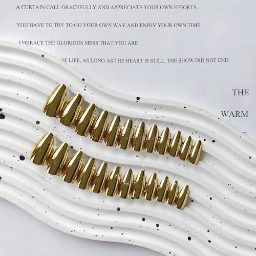 Gold Chrome Press on Nails Medium Almond,KQueenest Mirror Metal Stiletto Fake Acrylic Nails with Bling Design,Glue on Nails for Daily Party Wear,False Nails Press ons in24 PCS - Image 3