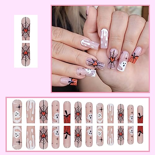 24 PCS Halloween Press on Nails Medium Coffin Square Fake Nails Star False Nails with Spider Web Pumpkin Design Glue on Nails Full Cover Artificial Nails Tips for Women Girls Nail Art Decoration - Image 2