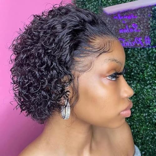 13X6 Transparent Lace Pixie Cut Wig Curly Deep Wave Short Bob Curly Human Hair Wigs Natural Color Water Wave Human Hair Wig Pre Plucked Glueless Short Wave Human Hair Wigs For Woman 150 Brazilian Remy - Image 3