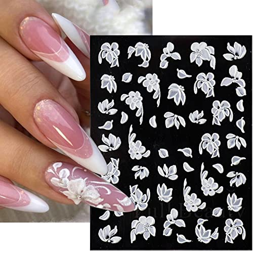 6 Sheets White Flower Nail Art Stickers 5D Nail Art Decals Acrylic Nail Art Supplies Embossed Engraved White Floral Design for Women Girl Nail Art DIY Decorations Accessories. - Image 3