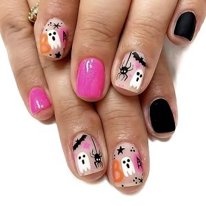 24Pcs Short Square Halloween Press on Nails with Ghost and Bat Design for Women