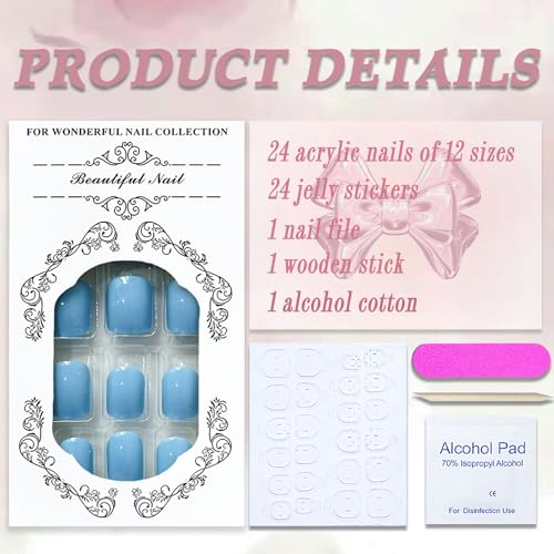 Sky Blue Press on Nails Short Square MABKJLF Petite Fake Nails Full Cover Blue Solid Color False Nails with Nail Glue Glossy Stick on Nails Acrylic Manicure Artificial Nails for Women Girls 24Pcs - Image 3