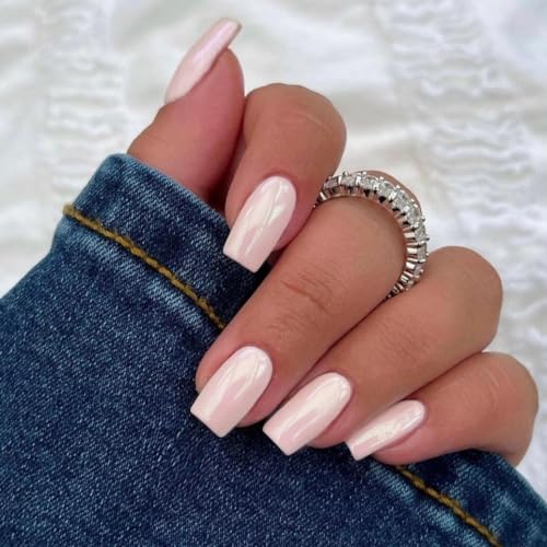 Coconut Pink Chrome Square Press on Nails Short Medium,KQueenest Mirror Metal Plating False Acrylic Nails Press Ons,Natural Fit Glue on Nails Short Coffin,Light Stick on Nails for Women in 24 PCS - Image 2