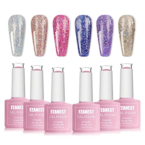 FANZEST 6 Vibrant Colors Long-lasting Diamond Sparkle Glitter Gel Polish Set