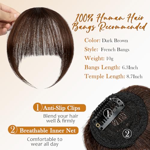 Bangs Hair Clip in Bangs-100% Human Hair Clip On Bangs Dark Brown Clip in Bangs Real Human Hair Fake Bangs Hair Clip In Hair Extenisons With Temples Hairpieces For Women - Image 2