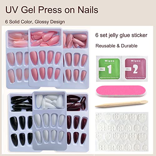 AddFavor 6 Boxes Almond Press on Nails Set, Medium Length Press on Nails Solid Color Glossy Acrylic False Fake Nails with Adhesive Tabs for Women and Girls - Image 5