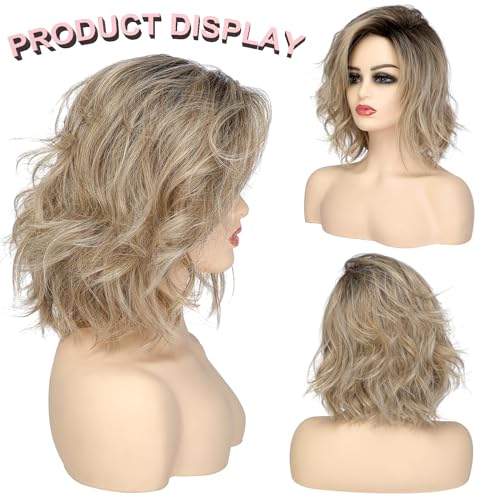 12" Ombre Blonde Curly Wavy Short Bob Wig With Bangs For Girls Women Daily Use Shoulder Length Side Part Synthetic Hair Replacement Wigs Natural Looking Brown To Dirty Blonde Cosplay Wig - Image 3