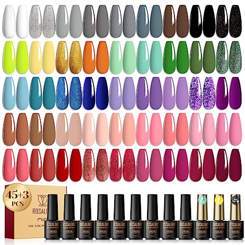 ROSALIND 48PCS Gel Nail Polish Set, 45 Colors White Black Nude Pink Colorful Collection Gel Polish Set with 3 Pcs Gel Top Coat and Base Coat Set Nails Art Manicure Home Salon for Women