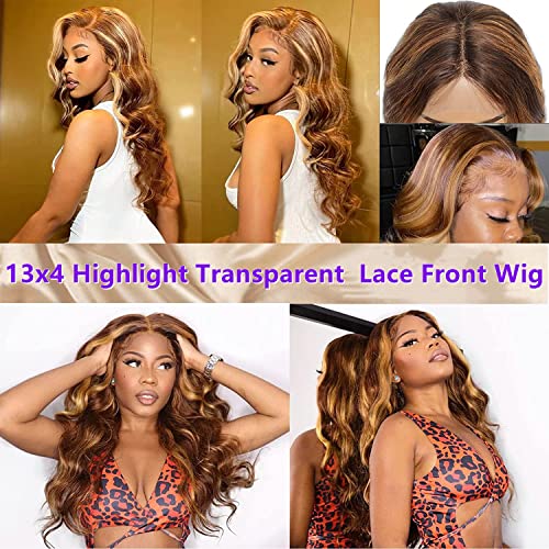 Manorshen Highlight 13x4 Lace Frontal Wigs Human Hair Ombre 4/27 Colored Honey Blonde Frontal Wigs Pre Plucked With Baby Hair 150% Density Body Wave Human Hair Lace Front Wig For Black Women - Image 2