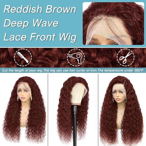 Reddish Brown Lace Front Wigs Human Hair 13x4 Reddish Brown Curly Lace Front Wig Human Hair 180% Density for Women Auburn Deep Wave Wigs Copper Red Glueless Curly Wig Pre Plucked 18 Inch - Image 5