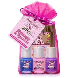Piggy Paint | 100% Non-Toxic Girls Nail Polish | Safe, Cruelty-free, Vegan, & Low Odor for Kids | Shimmer & Sparkle (3 Polish + Nail Art Gift Set)