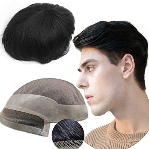 Toupee for Men men hair pieces Mono Toupee Human Hair Replacement System 100% European Real Human Hair Men Lace Hair System Fine Mono Lace Front with PU Around (#1B Off Black) (9x7)