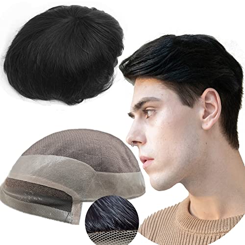 Toupee for Men men hair pieces Mono Toupee Human Hair Replacement System 100% European Real Human Hair Men Lace Hair System Fine Mono Lace Front with PU Around (#1B Off Black) (9x7)