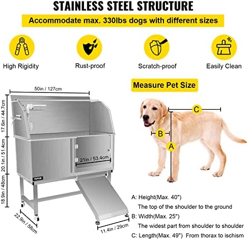VEVOR Dog Grooming Tub, 50" R Pet Wash Station, Professional Stainless Steel Pet Grooming Tub Rated 330LBS Load Capacity, Non-Skid Dog Washing Station Comes with Ramp, Faucet, Sprayer and Drain Kit - Image 3
